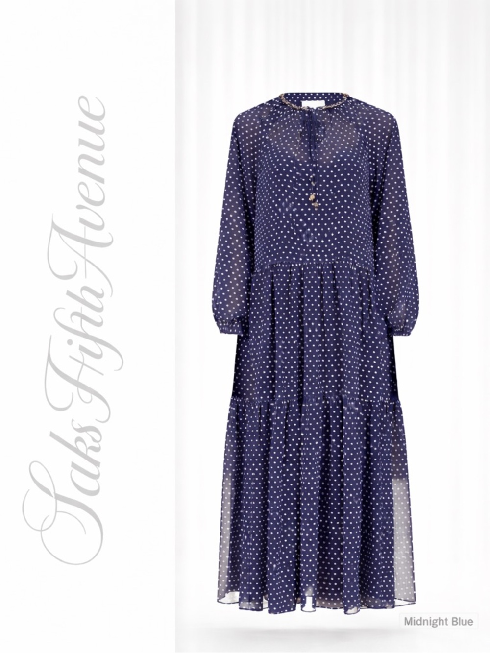 Michael Kors Navy Polka Dot Midi Dress Gold Chain Collar NWT Size S MSRP $355